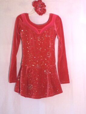 Mondor Red Glitter Velvet Figure Skating Competition Dress • Long Sleeve • Mesh